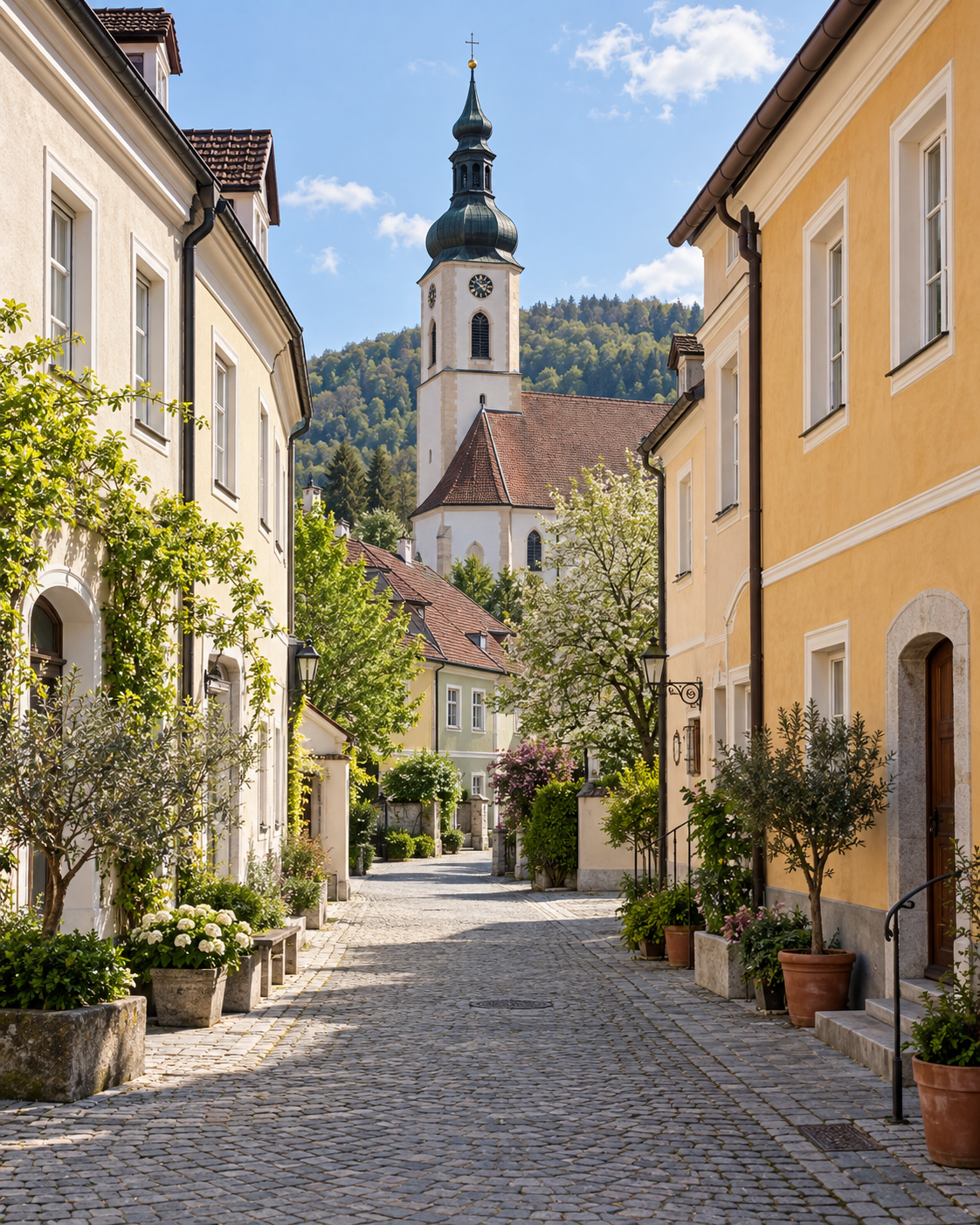 Gasse mit Wohnhäusern und sichtbarem Kirchturm in einer österreichischen Stadt