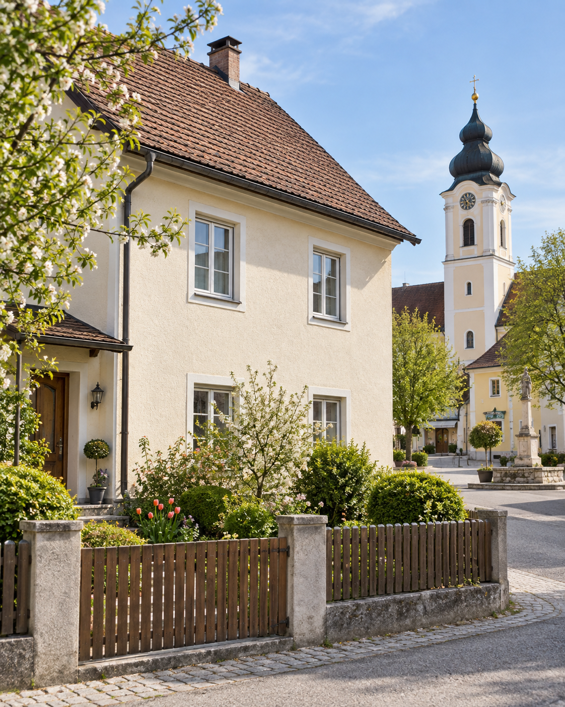 Älteres Wohnhaus mit Kirchturm im Hintergrund