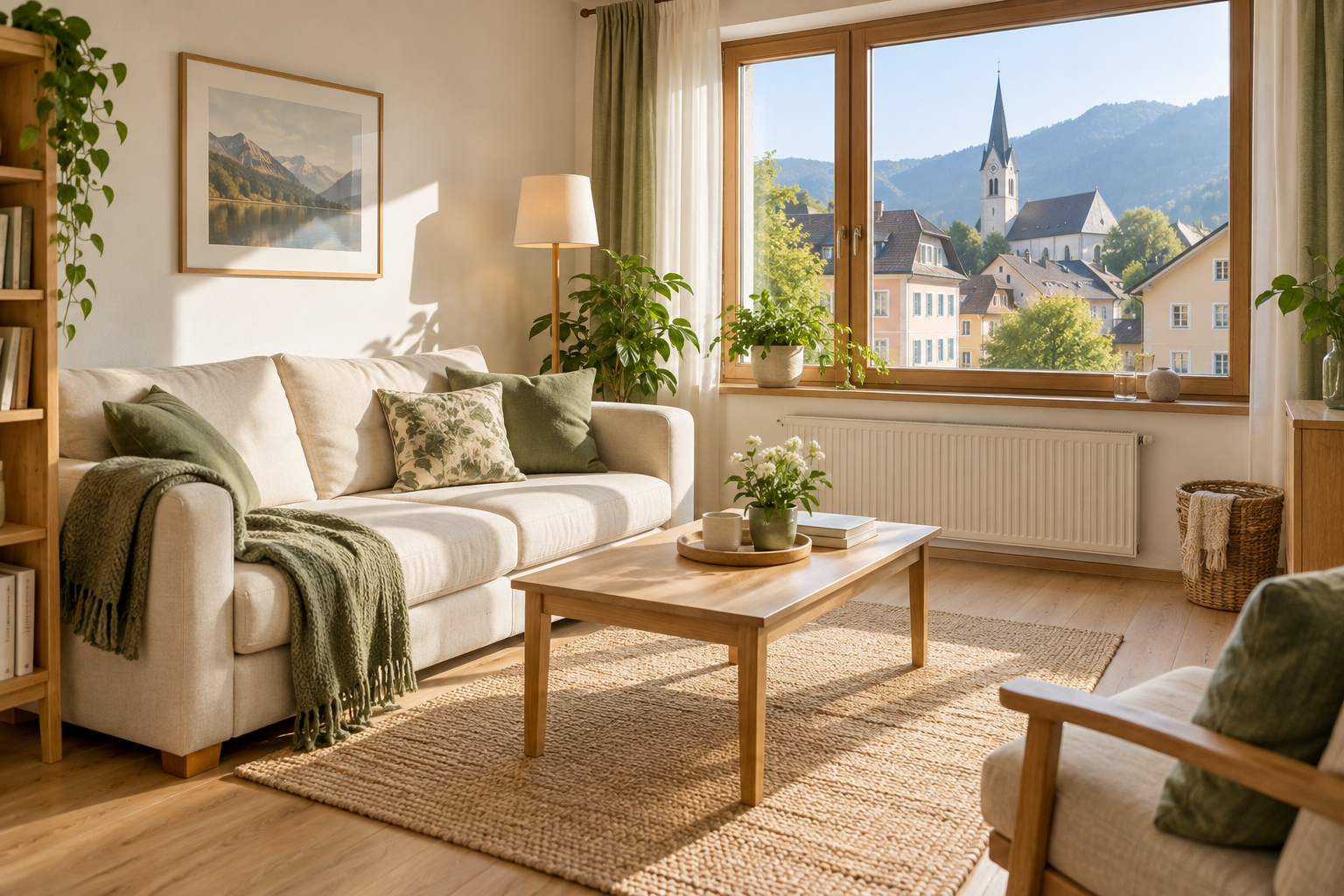 Helle Wohnung mit Blick auf Dächer und Kirchturm